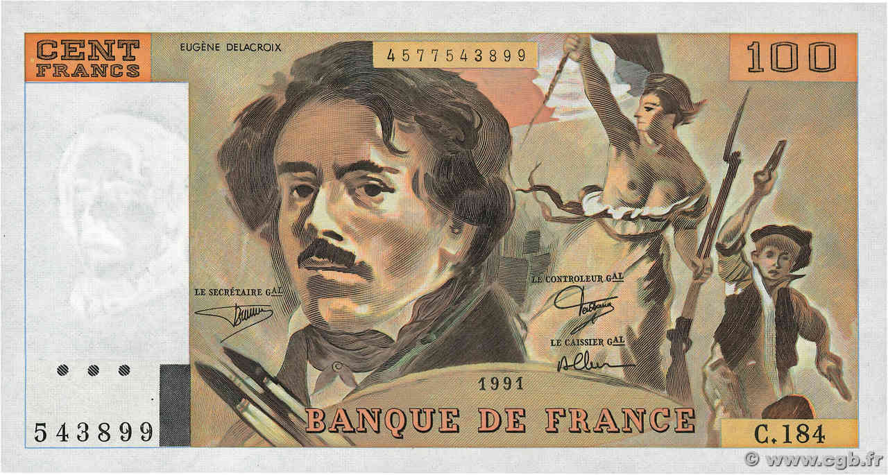 100 Francs DELACROIX imprimé en continu FRANCE  1991 F.69bis.03b2 pr.NEUF