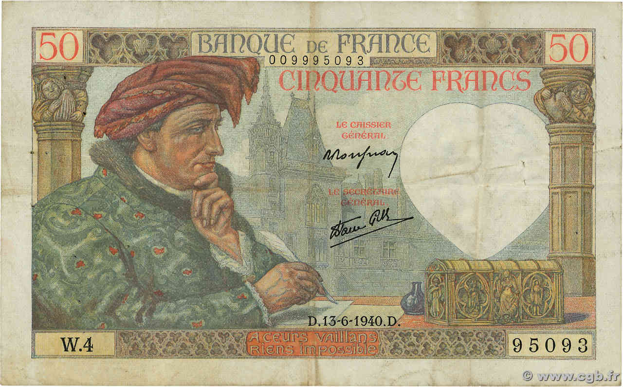 50 Francs JACQUES CŒUR FRANCE  1940 F.19.01 TB+