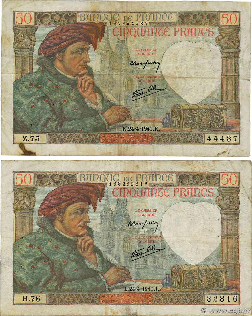 50 Francs JACQUES CŒUR Lot FRANCE  1941 F.19.09 TB