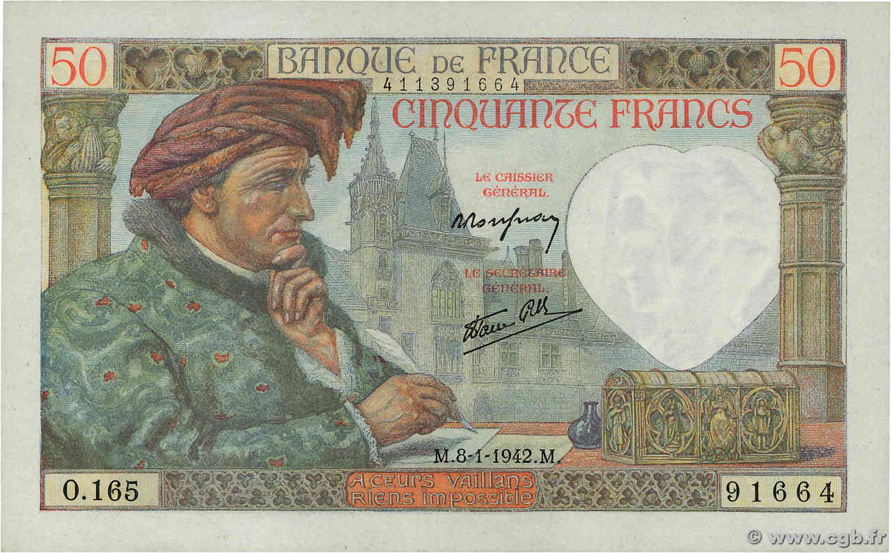 50 Francs JACQUES CŒUR FRANKREICH  1942 F.19.18 fVZ