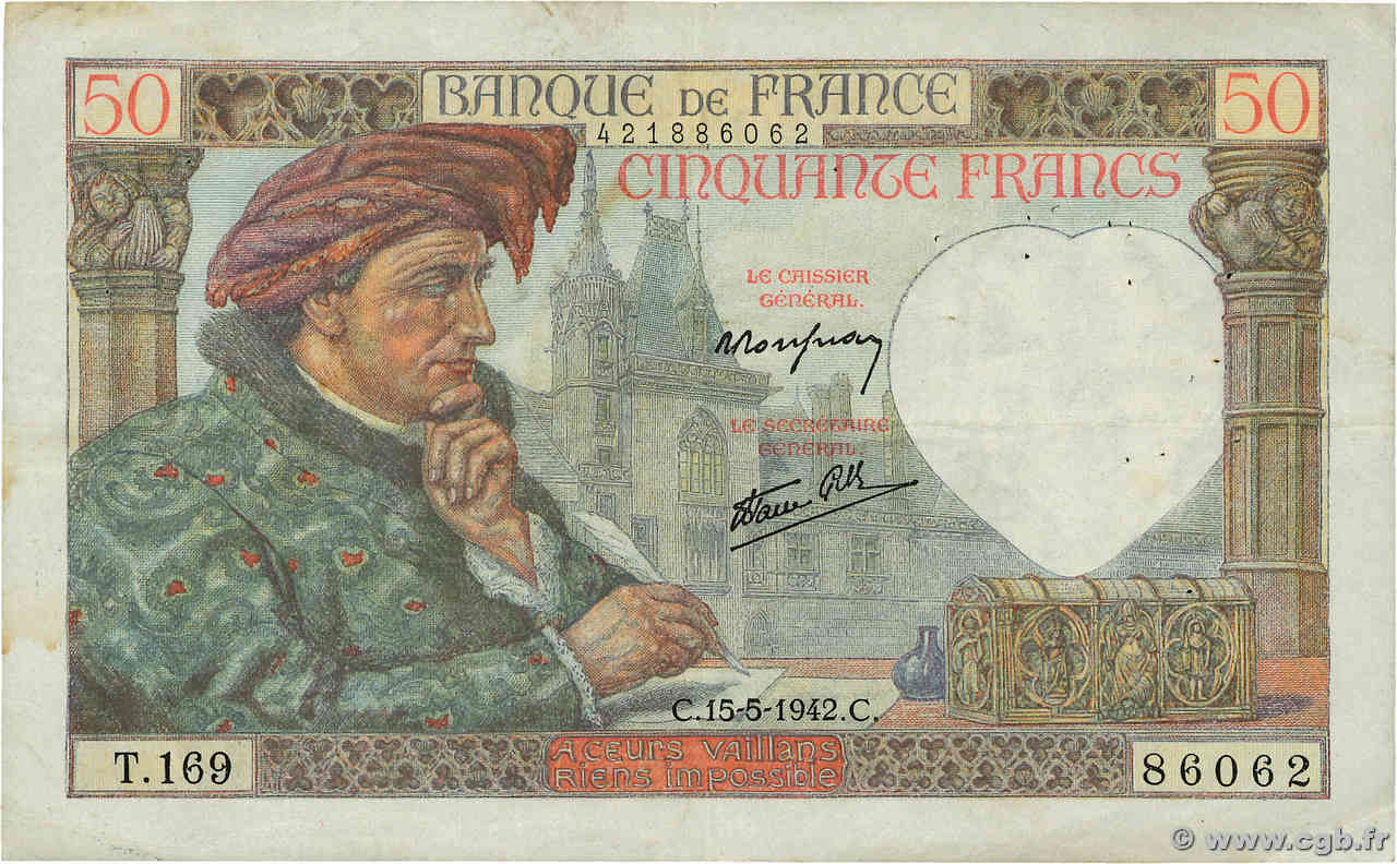 50 Francs JACQUES CŒUR FRANCE  1942 F.19.20 F+