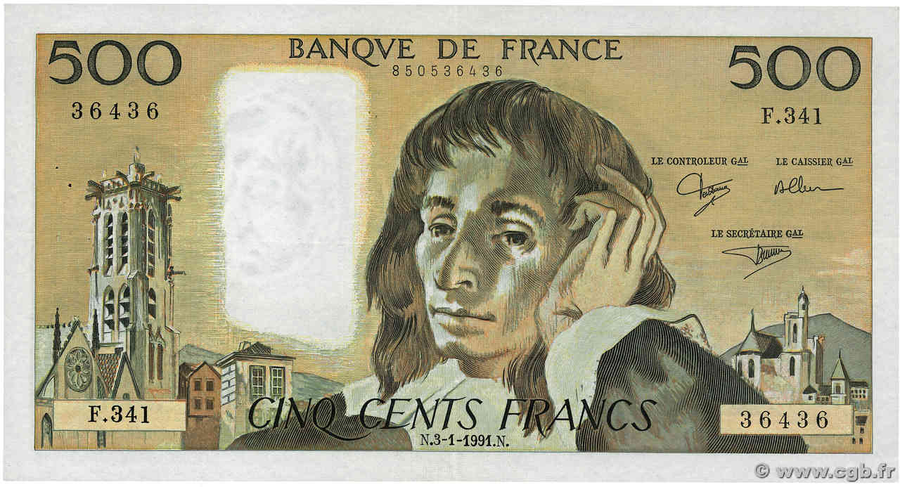 500 Francs PASCAL Numéro spécial FRANCIA  1991 F.71.46 q.SPL