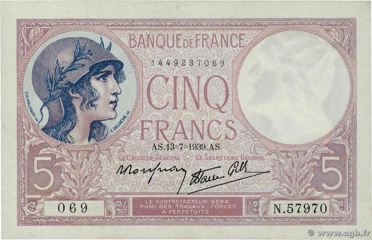 5 Francs FEMME CASQUÉE modifié FRANKREICH  1939 F.04.01 VZ+