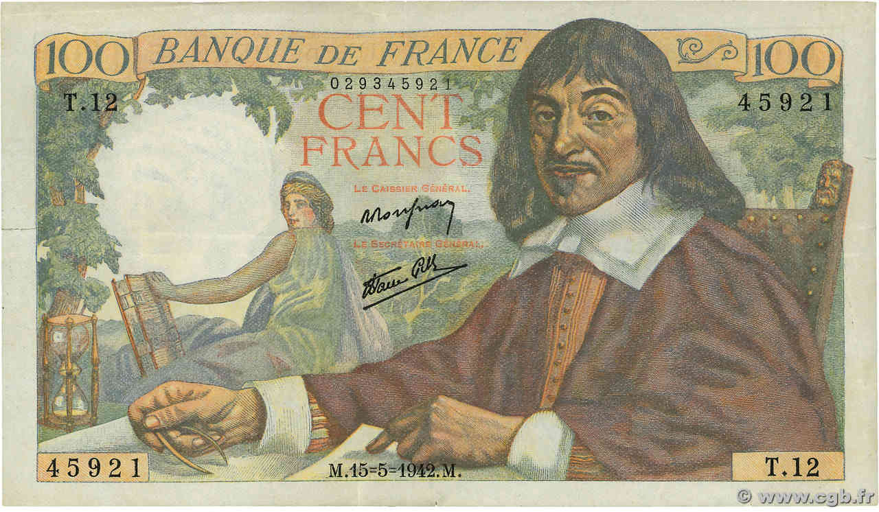 100 Francs DESCARTES FRANCE  1942 F.27.01 TB+