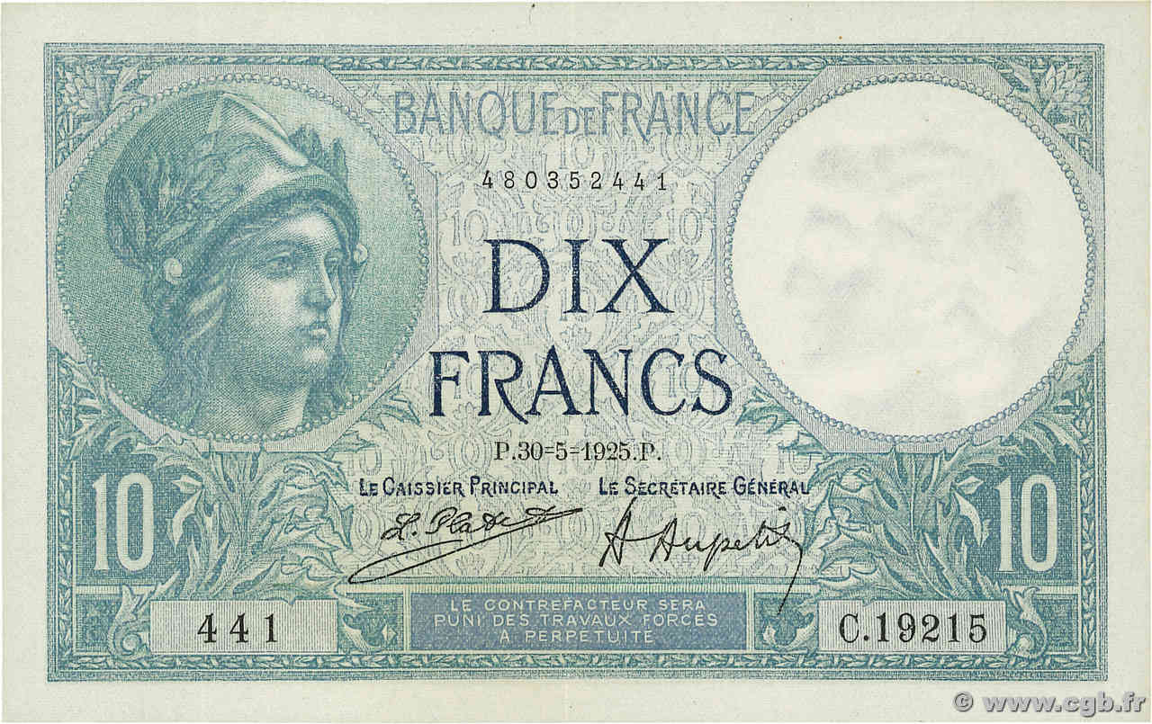 10 Francs MINERVE FRANCE  1925 F.06.09 pr.SPL