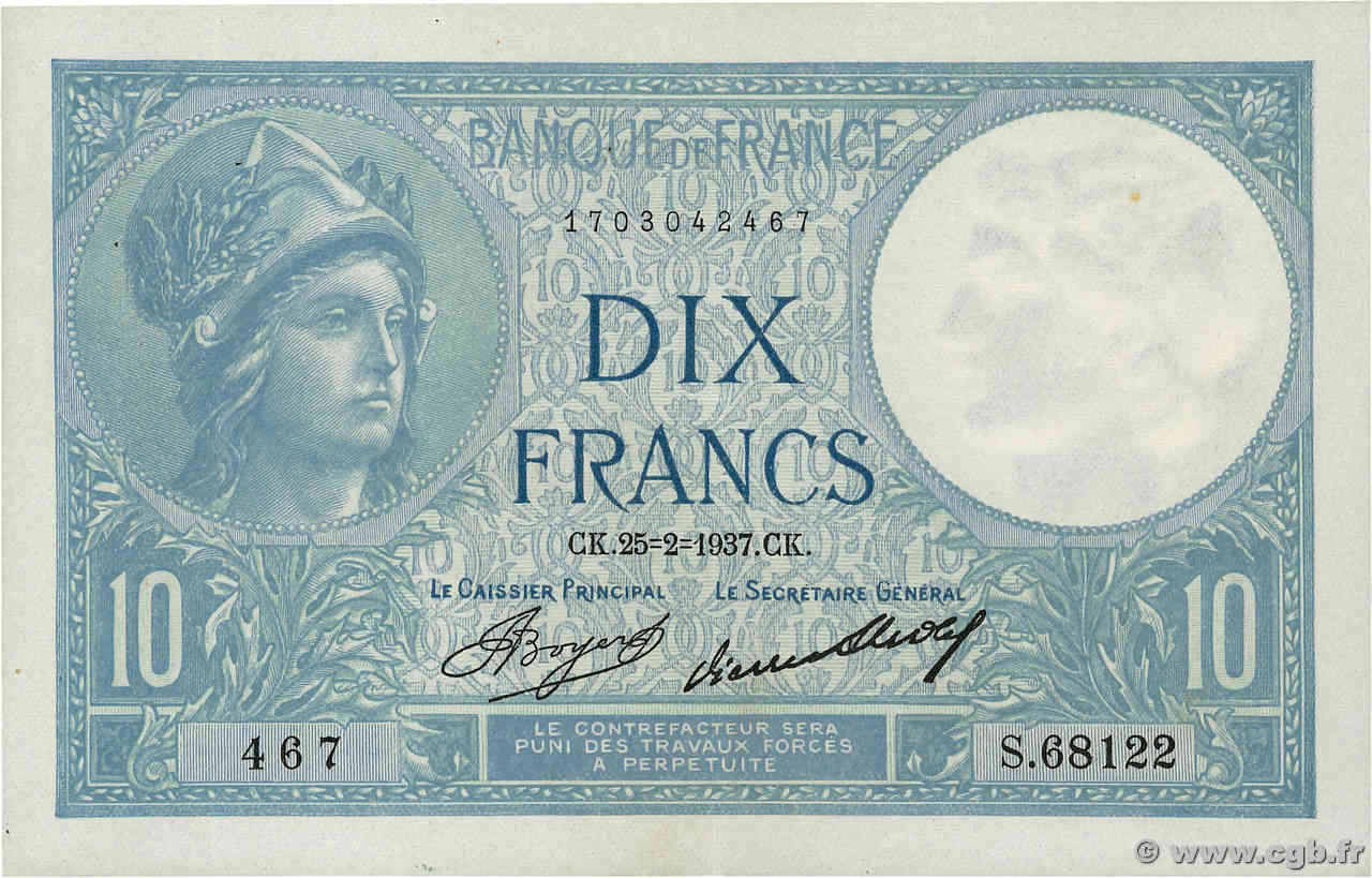 10 Francs MINERVE FRANCE  1937 F.06.18 SUP+