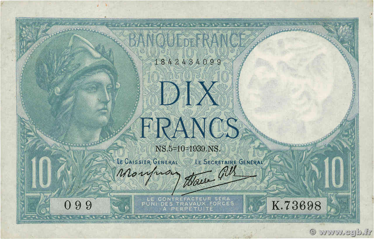 10 Francs MINERVE modifié FRANCE  1939 F.07.10 SPL