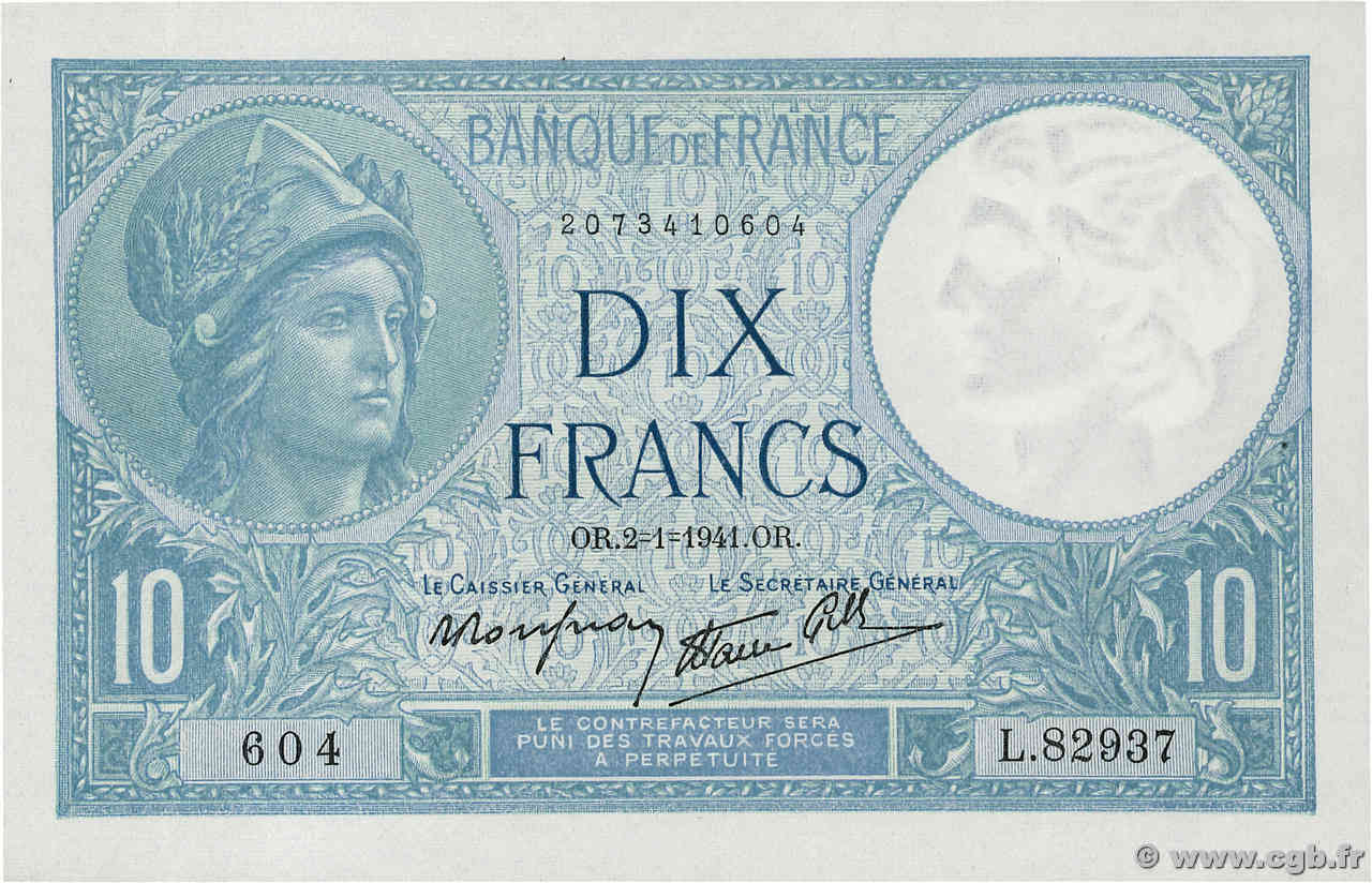 10 Francs MINERVE modifié FRANCE  1941 F.07.26 SPL