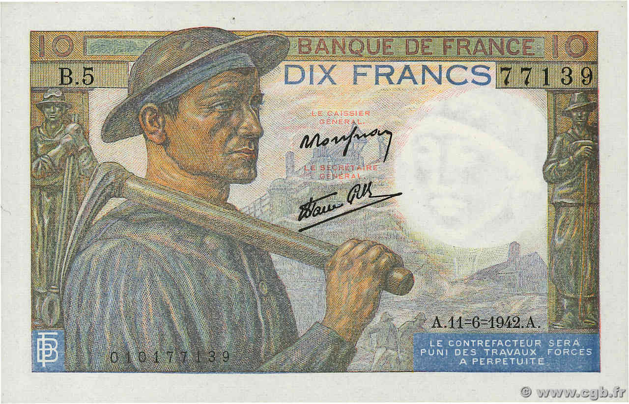 10 Francs MINEUR FRANCE  1942 F.08.03 pr.NEUF