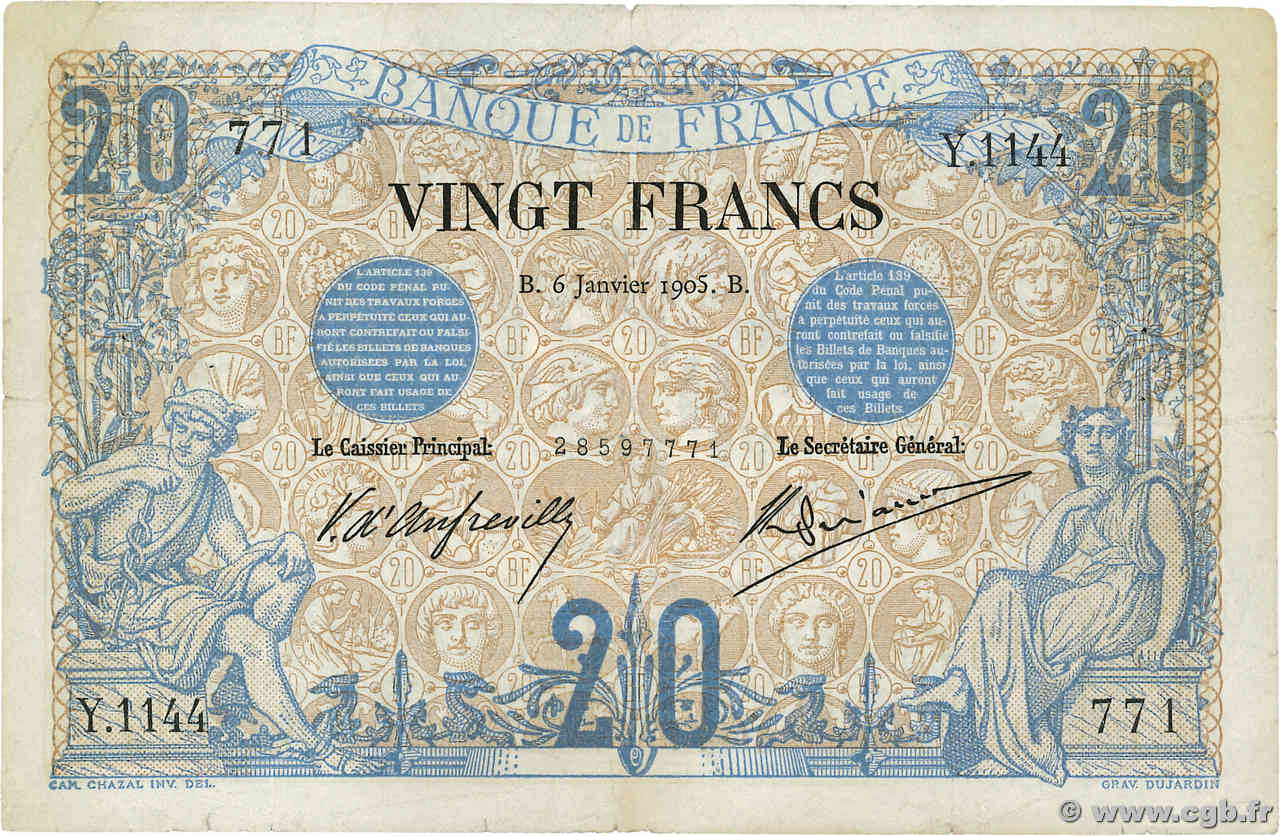 20 Francs NOIR FRANCE  1905 F.09.04 TB