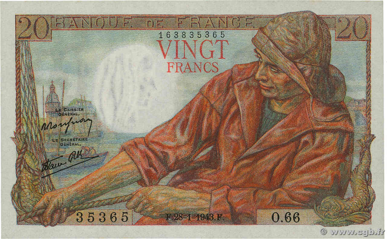 20 Francs PÊCHEUR FRANCE  1943 F.13.05 pr.NEUF