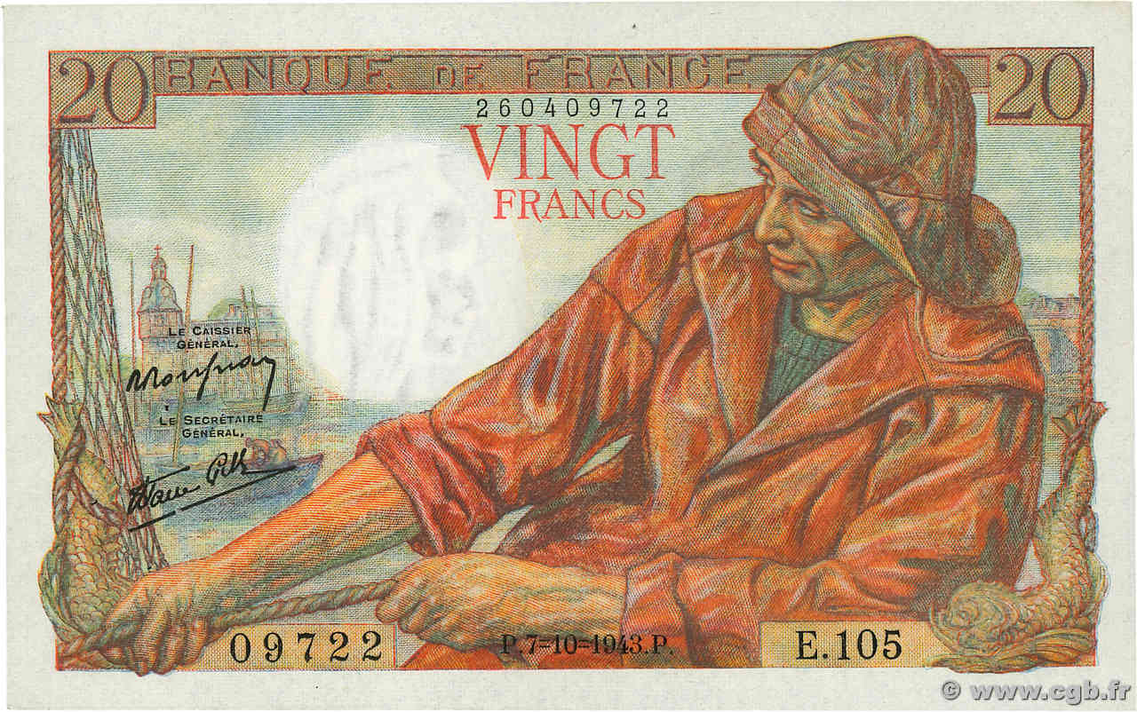 20 Francs PÊCHEUR FRANCE  1943 F.13.07 XF+