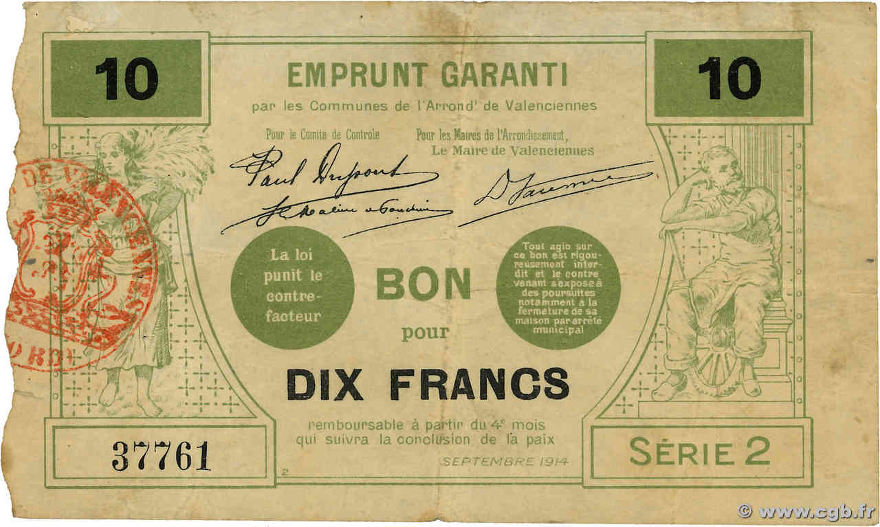 10 Francs FRANCE régionalisme et divers Valenciennes 1914 JP.59-2546 TB