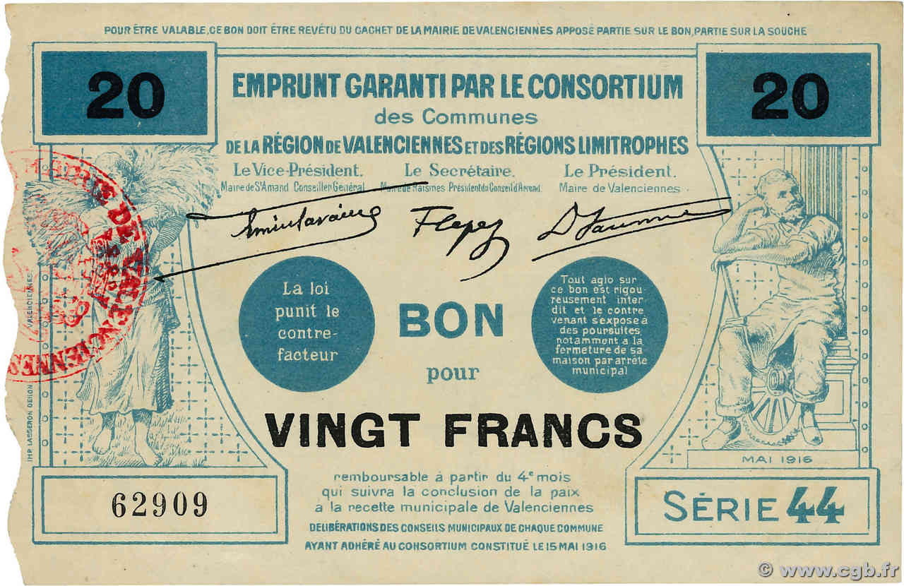 20 Francs FRANCE regionalism and various Valenciennes 1916 JP.59-2572 XF+