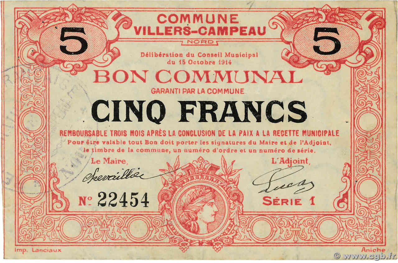 5 Francs FRANCE régionalisme et divers Villers-Campeau 1914 JP.59-2610 TTB