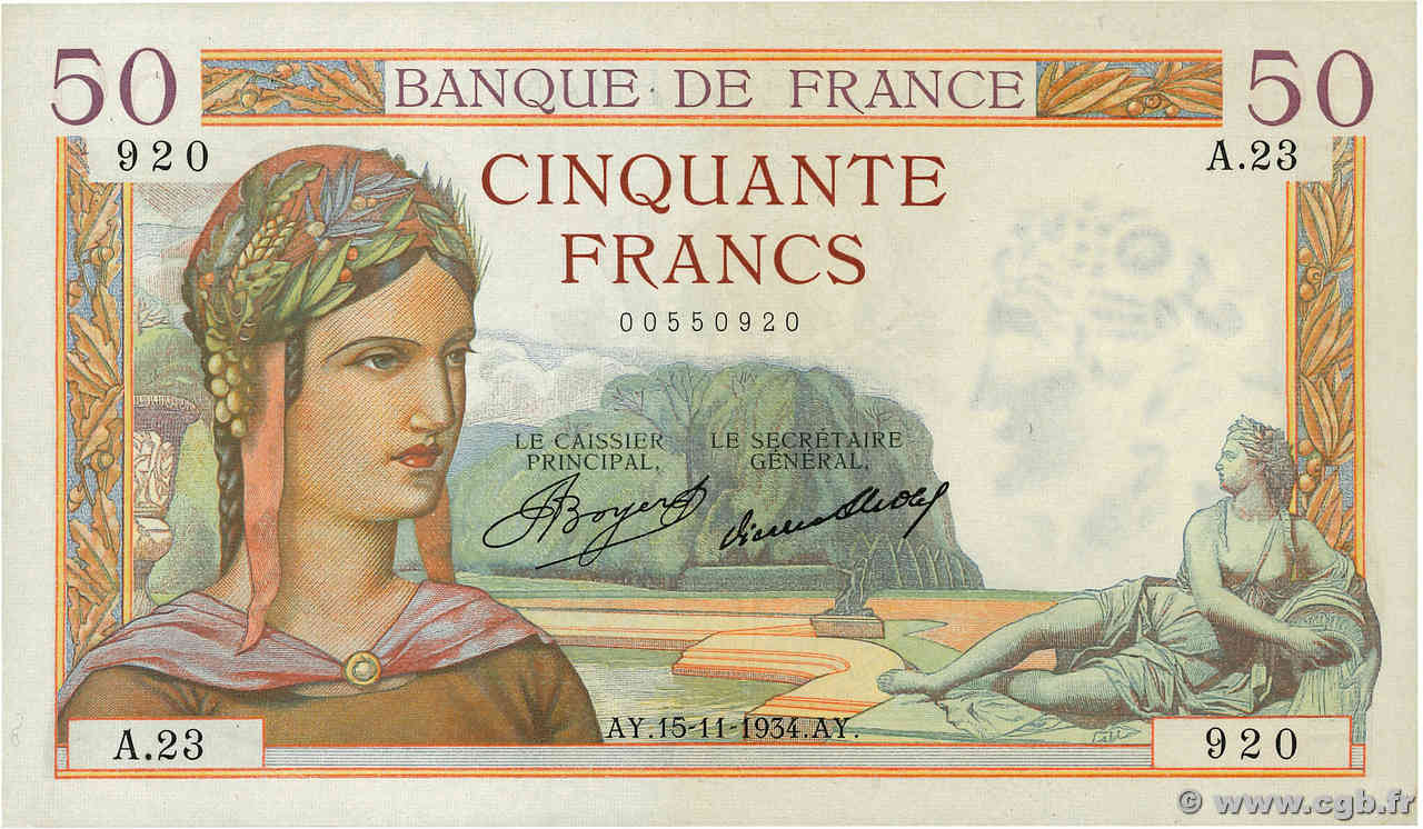 50 Francs CÉRÈS FRANCE  1934 F.17.01 SUP