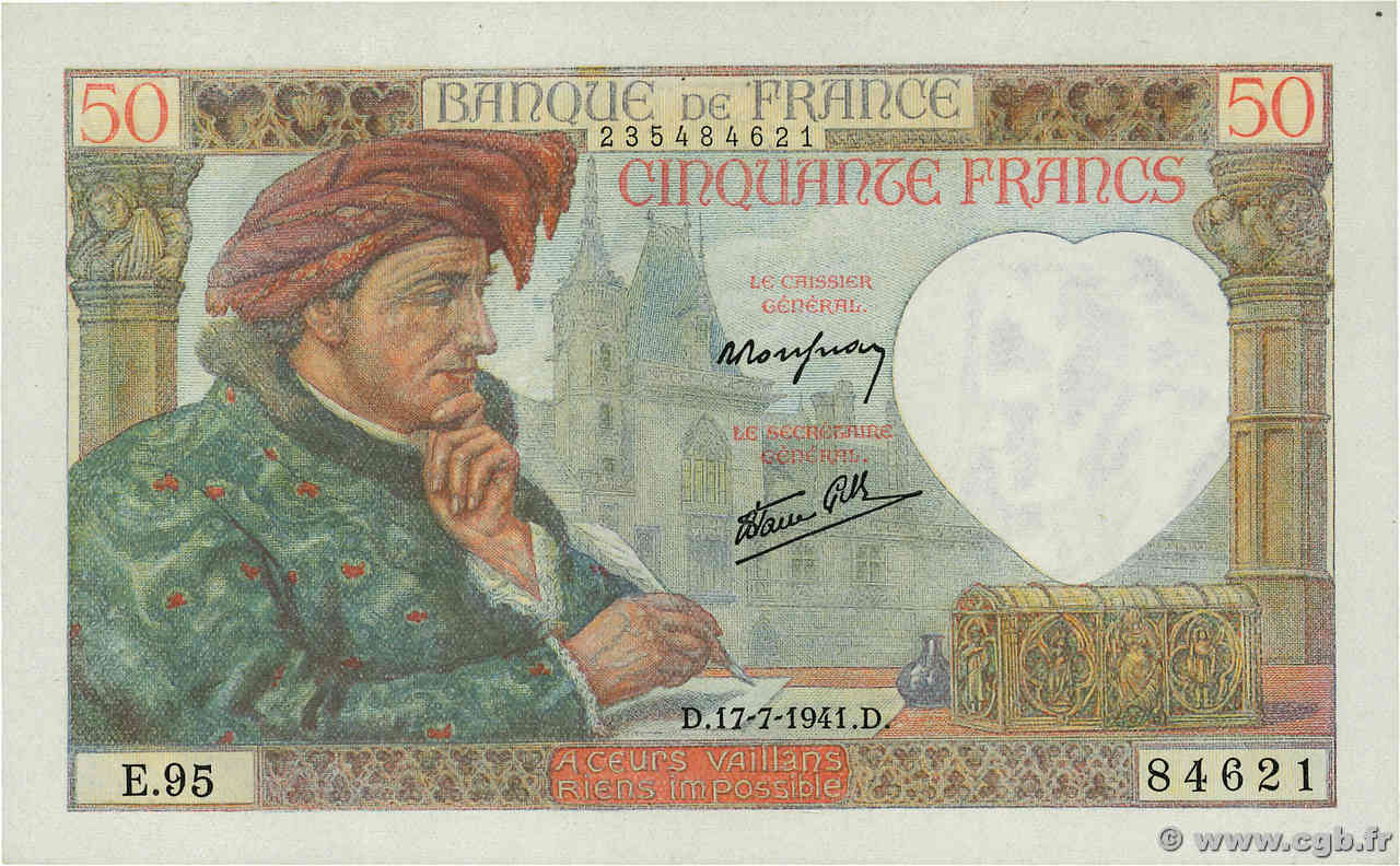 50 Francs JACQUES CŒUR FRANCE  1941 F.19.12 pr.NEUF