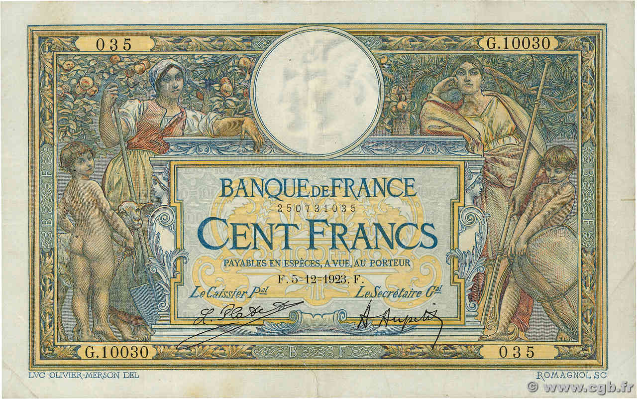 100 Francs LUC OLIVIER MERSON grands cartouches FRANKREICH  1923 F.24.01 fSS