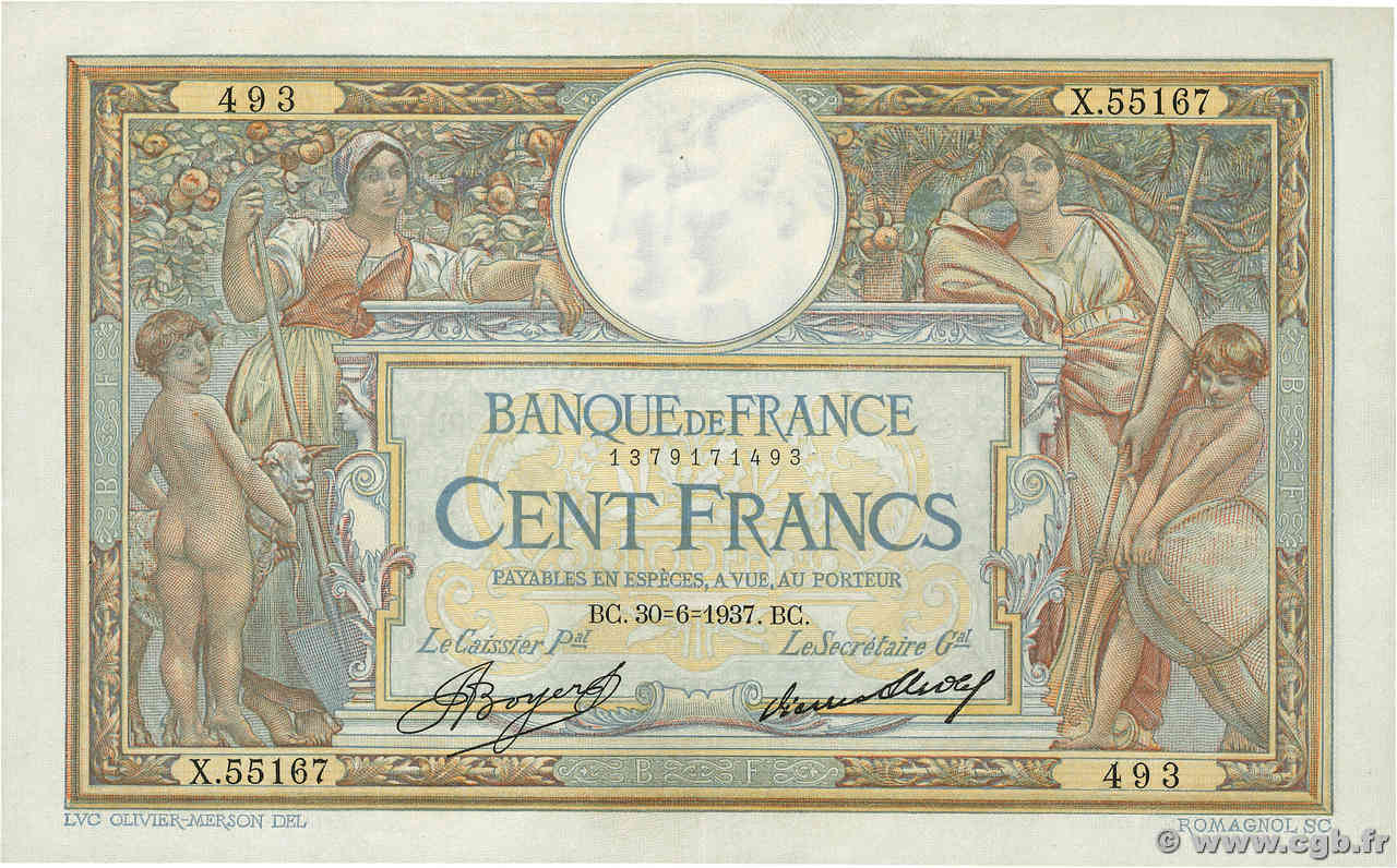 100 Francs LUC OLIVIER MERSON grands cartouches FRANCE  1937 F.24.16 SUP+