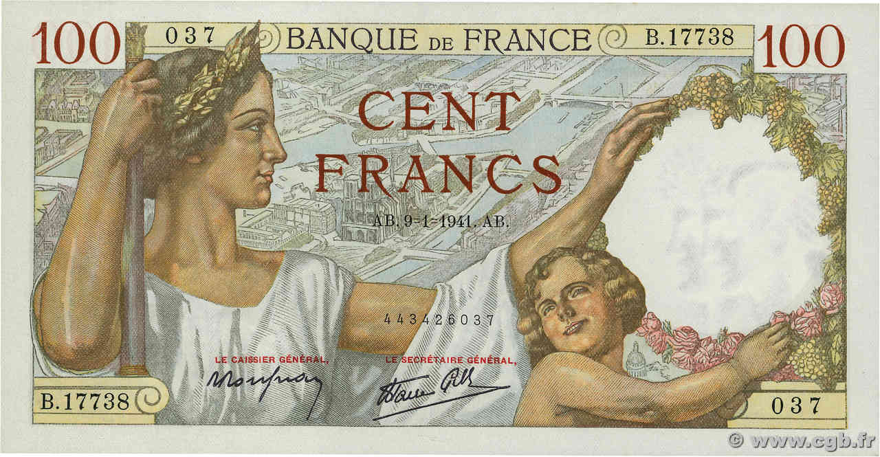 100 Francs SULLY FRANCE  1941 F.26.44 UNC