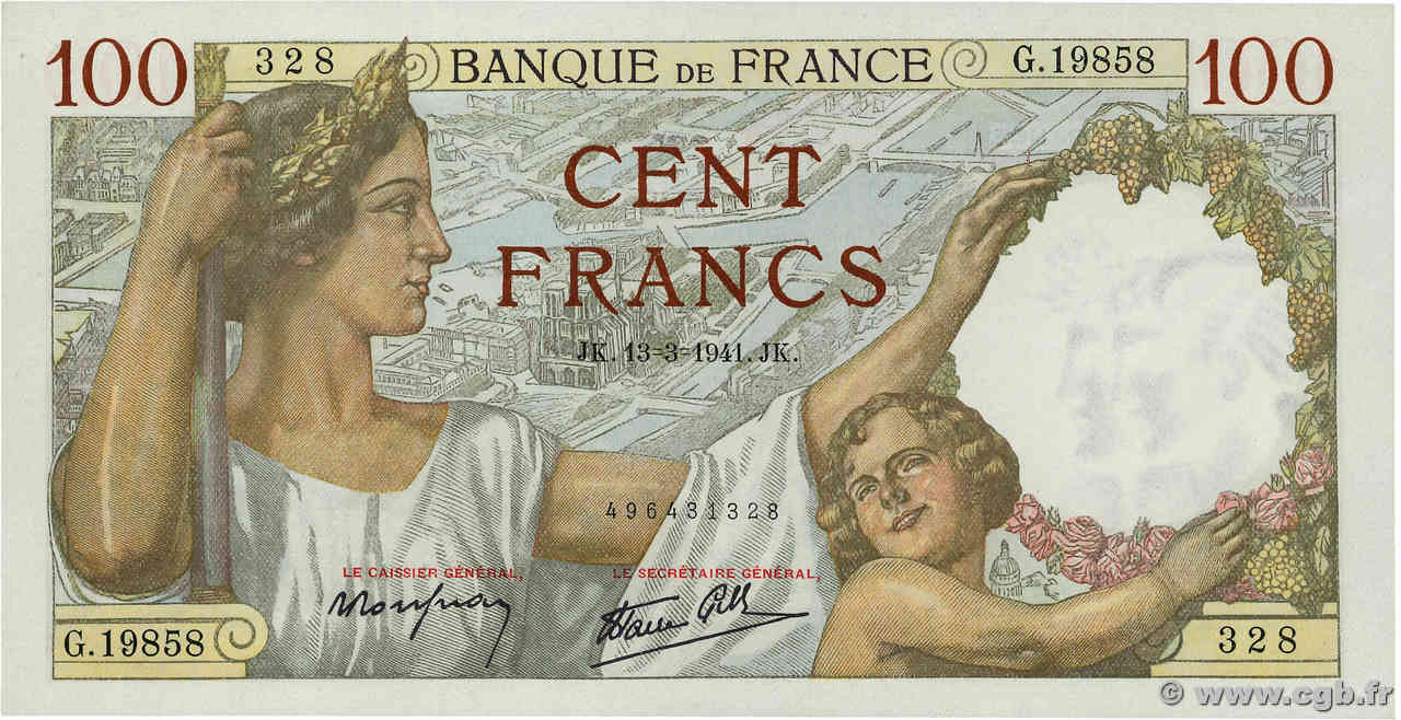 100 Francs SULLY FRANKREICH  1941 F.26.48 fST+