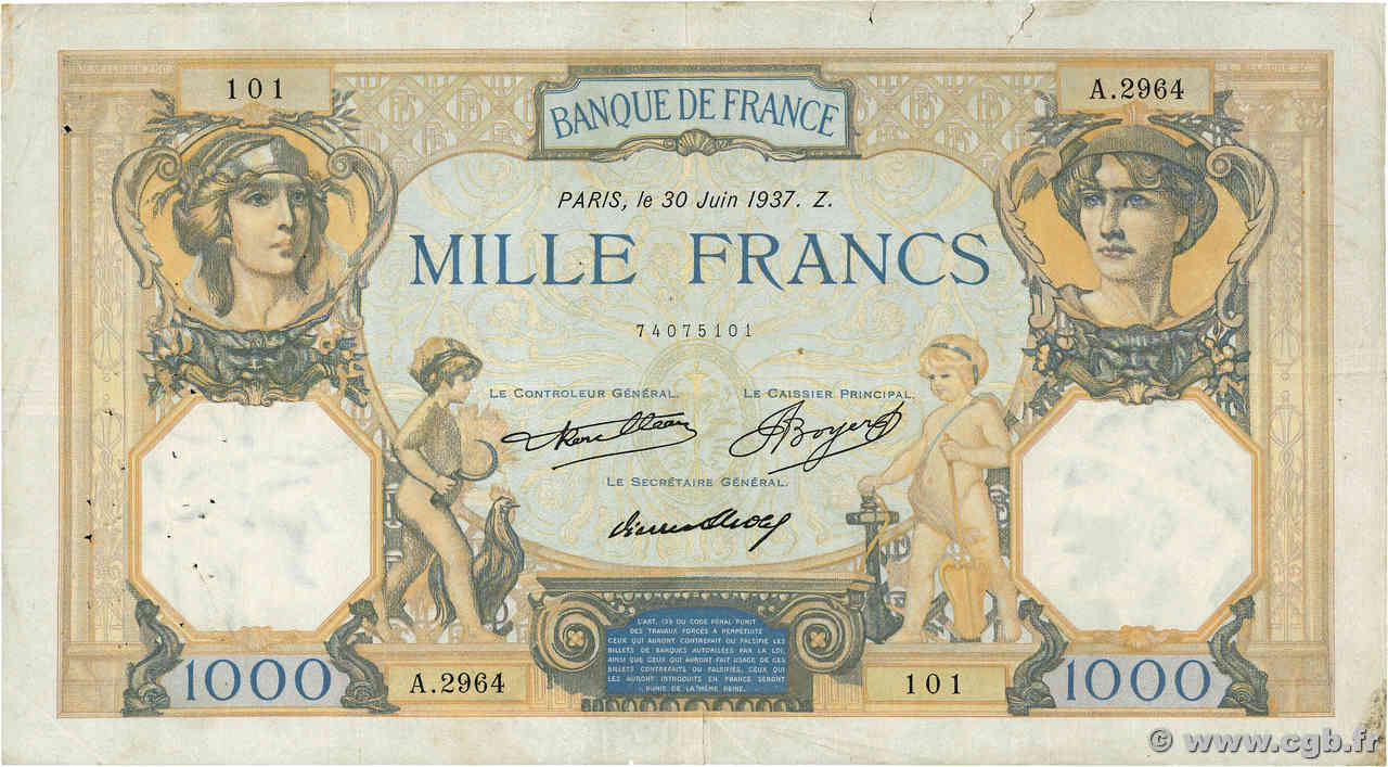 1000 Francs CÉRÈS ET MERCURE FRANCIA  1937 F.37.10 MB