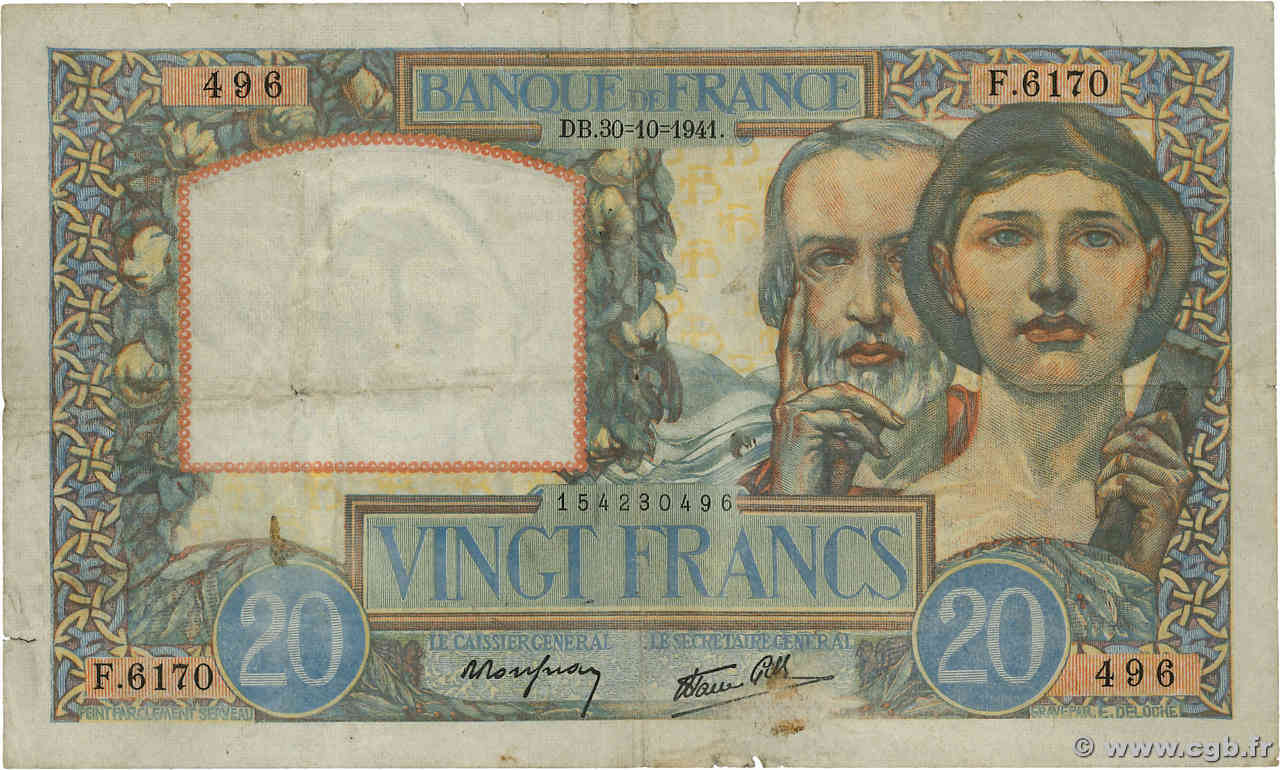 20 Francs TRAVAIL ET SCIENCE FRANCE  1941 F.12.19 pr.TB