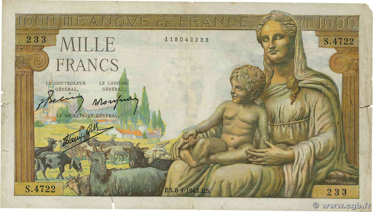 1000 Francs DÉESSE DÉMÉTER FRANCE  1943 F.40.21 VG