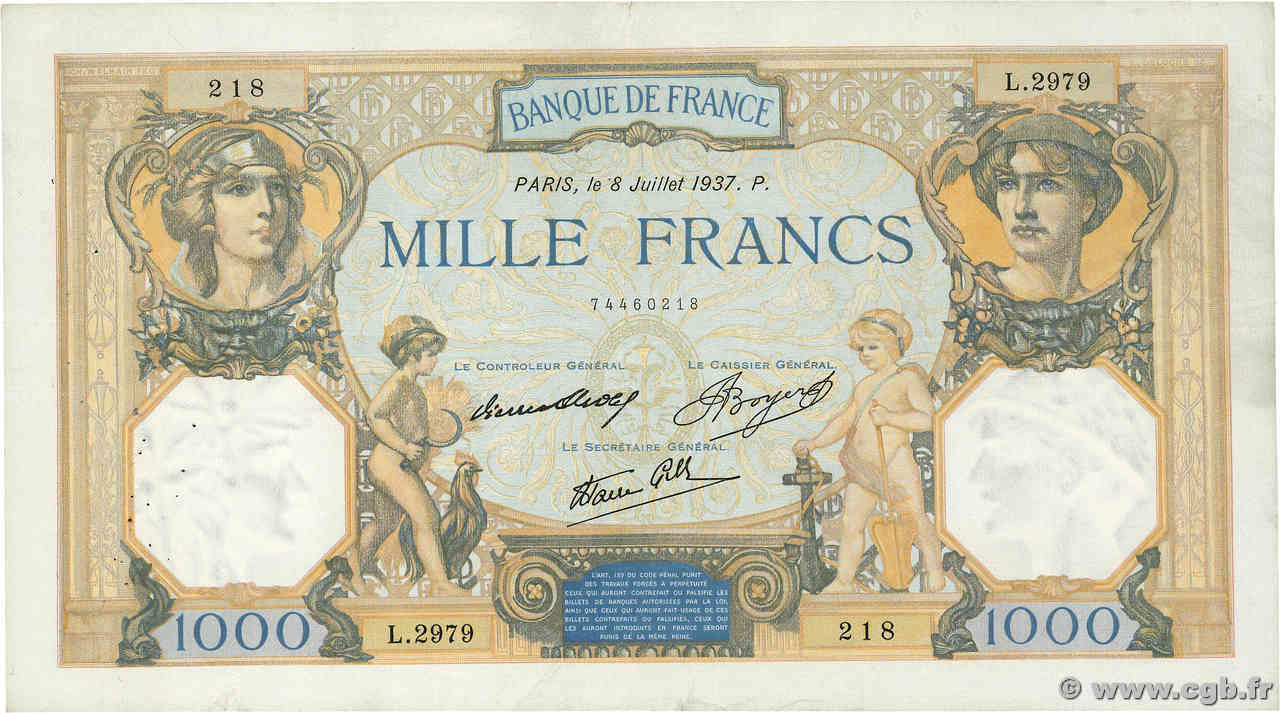 1000 Francs CÉRÈS ET MERCURE type modifié FRANCIA  1937 F.38.01 MBC