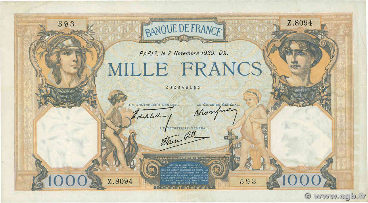 1000 Francs CÉRÈS ET MERCURE type modifié FRANCIA  1939 F.38.38 q.SPL