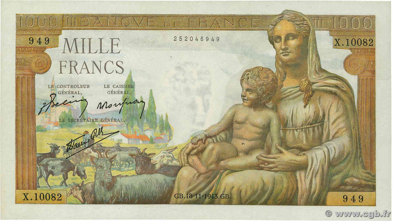 1000 Francs DÉESSE DÉMÉTER FRANCE  1943 F.40.40 SUP