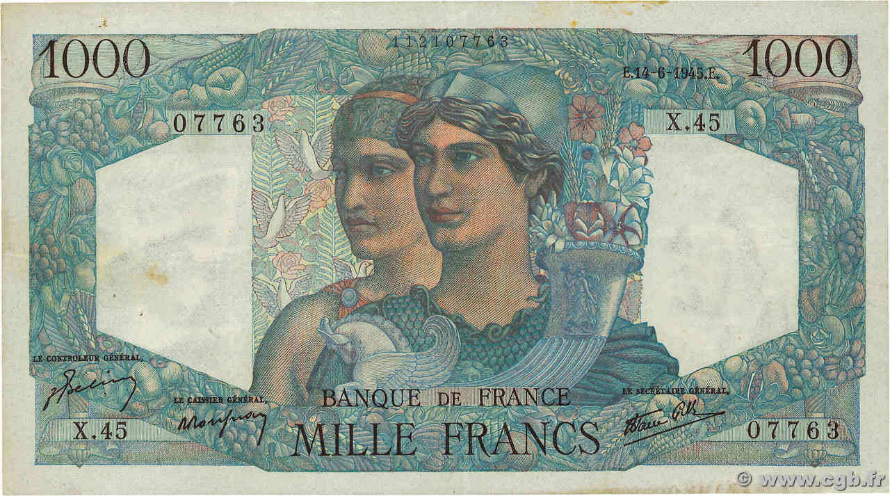 1000 Francs MINERVE ET HERCULE FRANCE  1945 F.41.04 VF