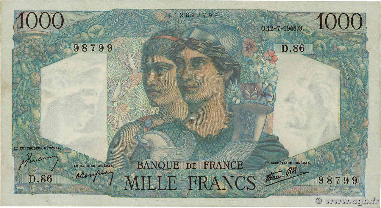 1000 Francs MINERVE ET HERCULE FRANKREICH  1945 F.41.06 VZ