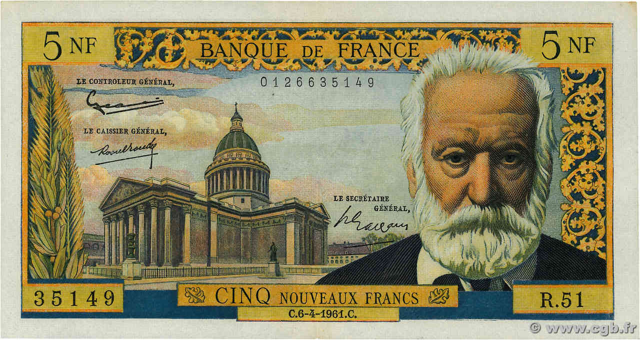 5 Nouveaux Francs VICTOR HUGO FRANCE  1961 F.56.07 XF-