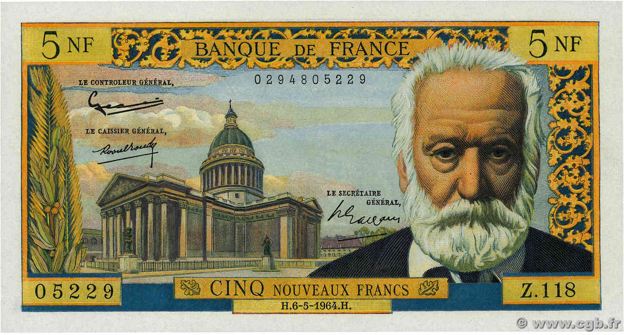 5 Nouveaux Francs VICTOR HUGO FRANCE  1964 F.56.15 XF