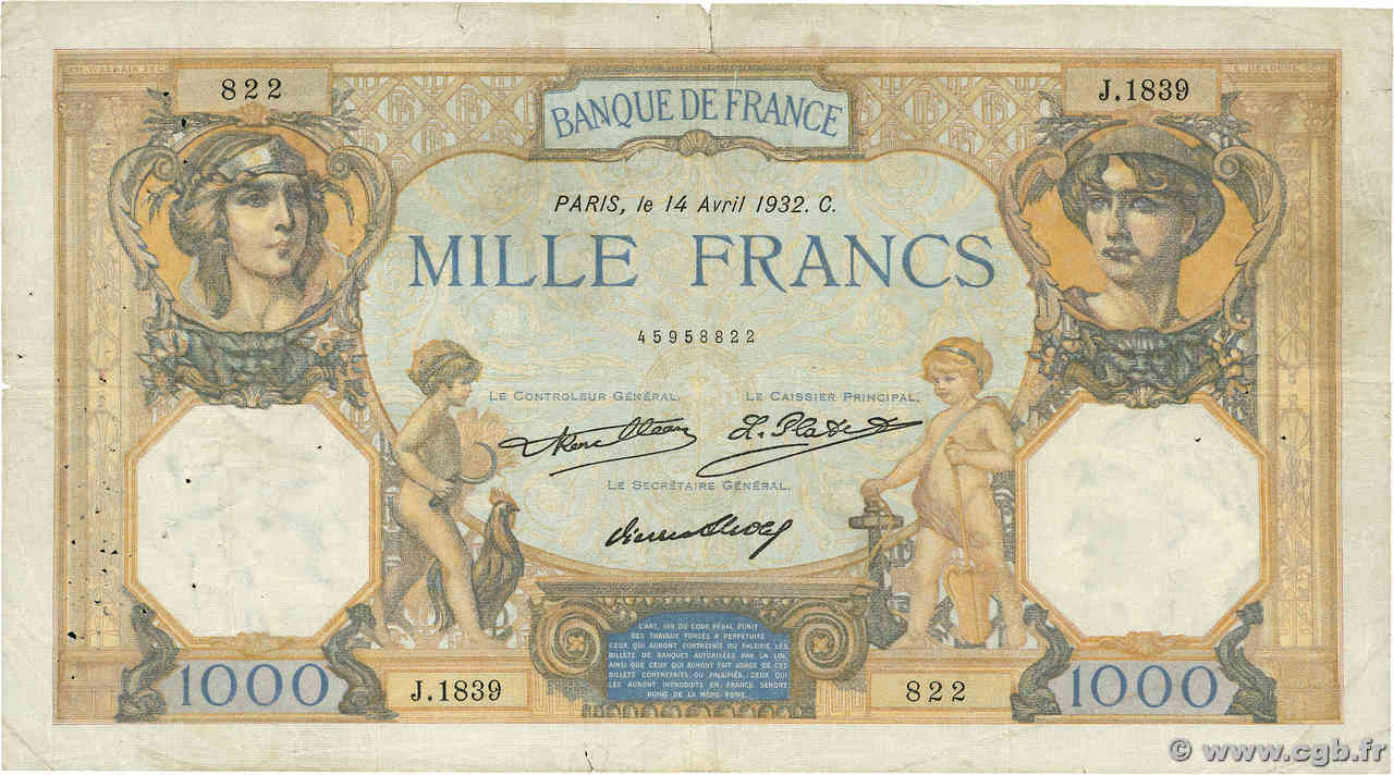 1000 Francs CÉRÈS ET MERCURE FRANKREICH  1932 F.37.07 fS