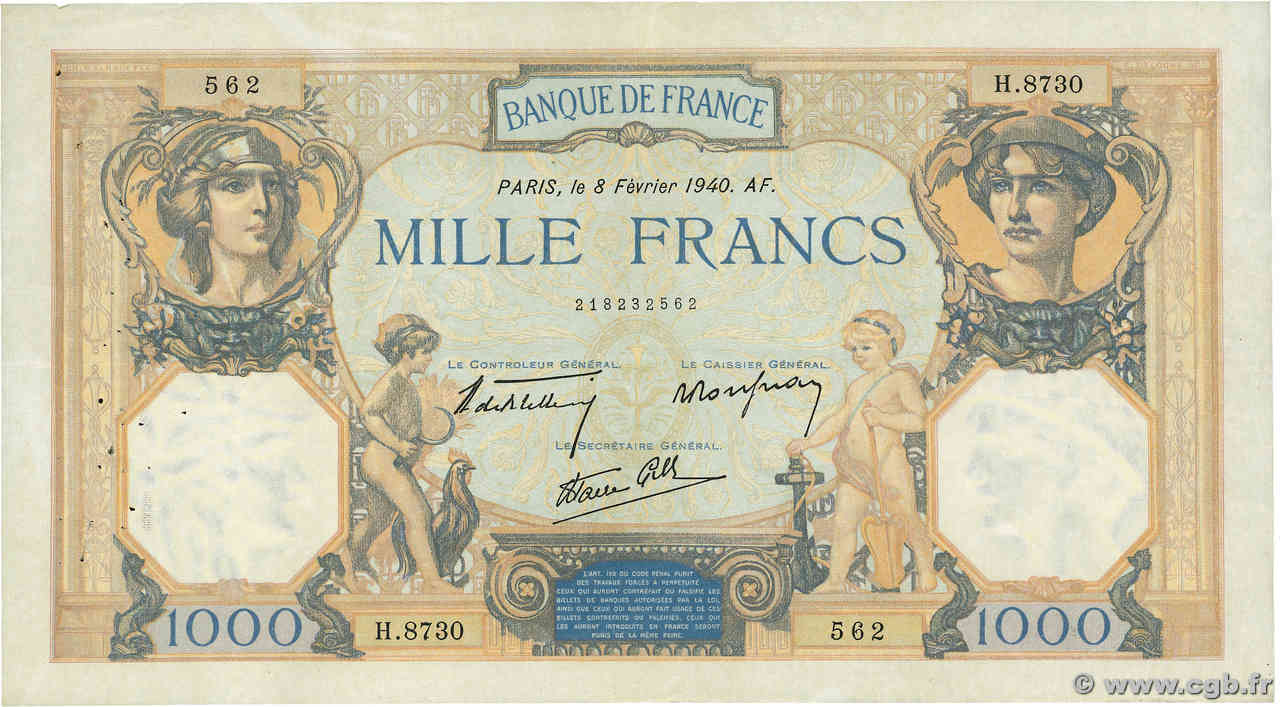 1000 Francs CÉRÈS ET MERCURE type modifié FRANKREICH  1940 F.38.42 fSS