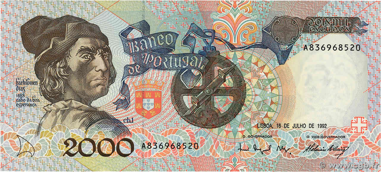 2000 Escudos PORTUGAL  1992 P.186c VF