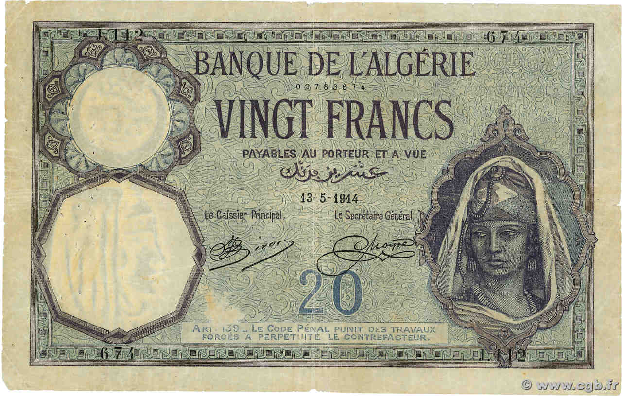 20 Francs ALGERIA  1914 P.078a VG