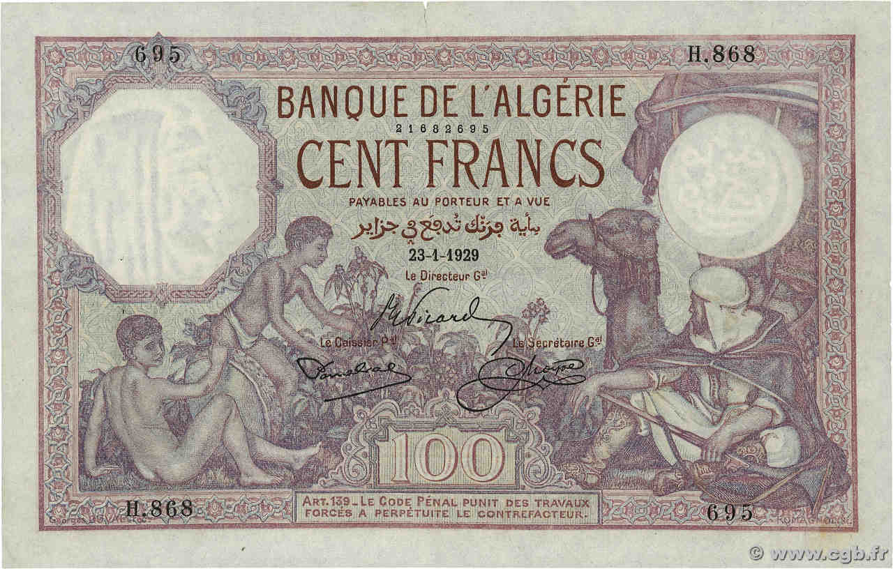 100 Francs ALGERIA  1929 P.081b XF