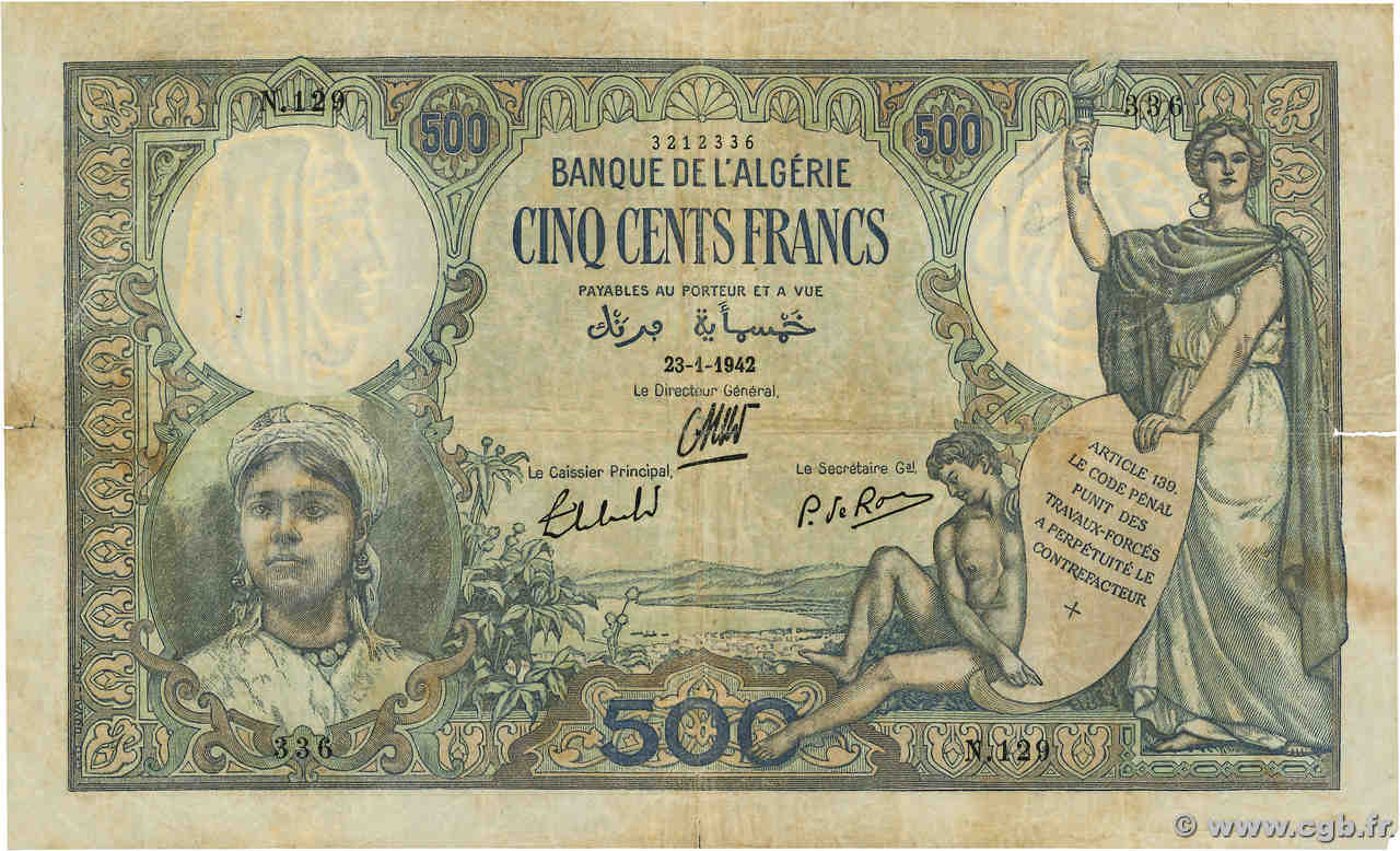 500 Francs ALGERIEN  1942 P.082 SGE