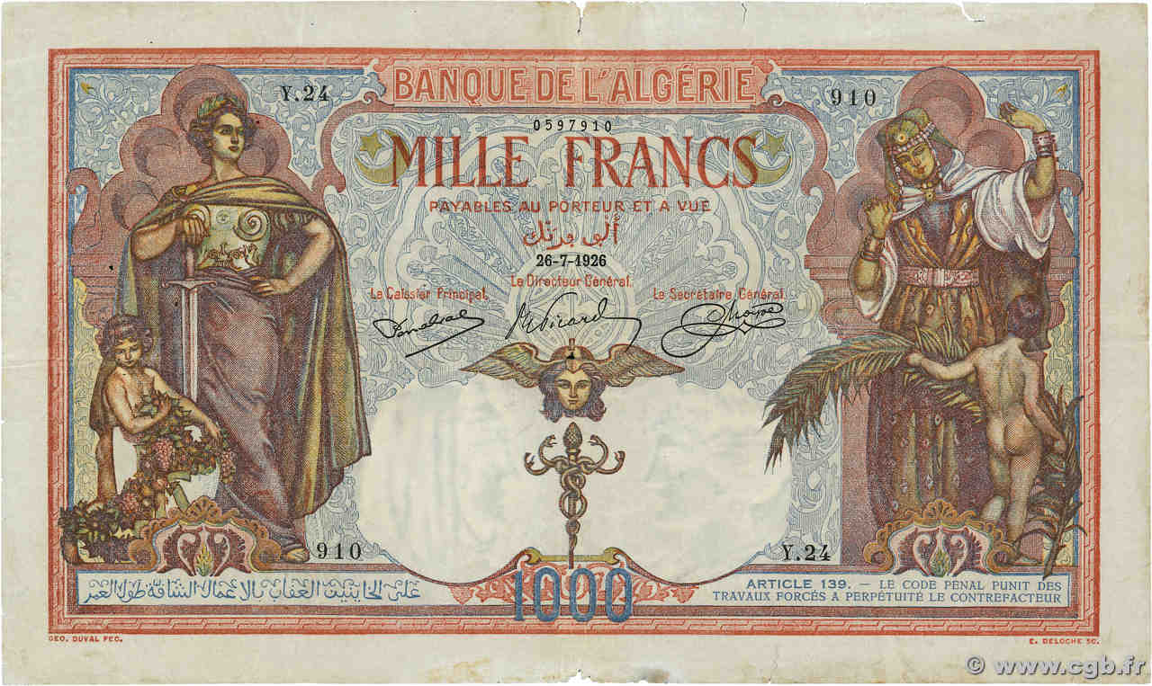 1000 Francs ALGERIEN  1926 P.083a S