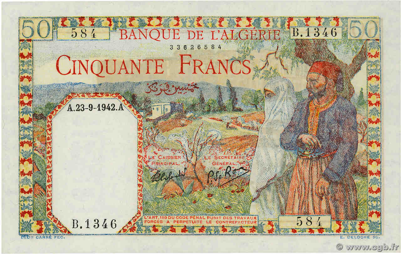 50 Francs ALGERIEN  1942 P.087 fST+