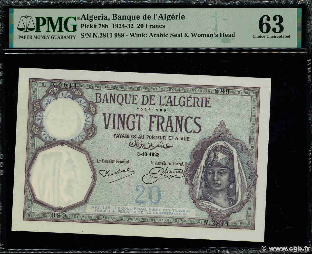 20 Francs ARGELIA  1928 P.078b SC+