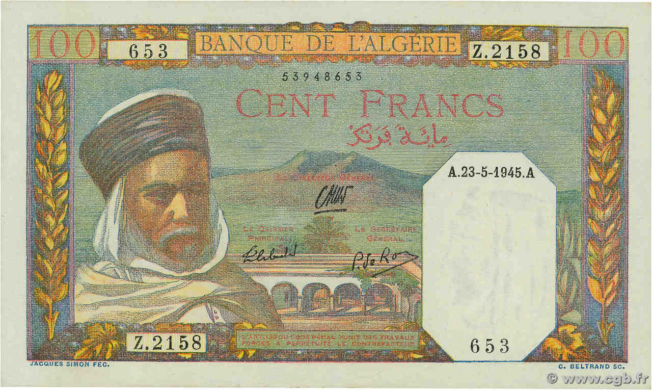 100 Francs ALGERIEN  1945 P.085 VZ+