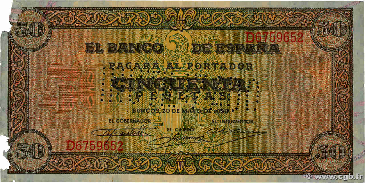 50 Pesetas Annulé SPAIN  1938 P.112 VF