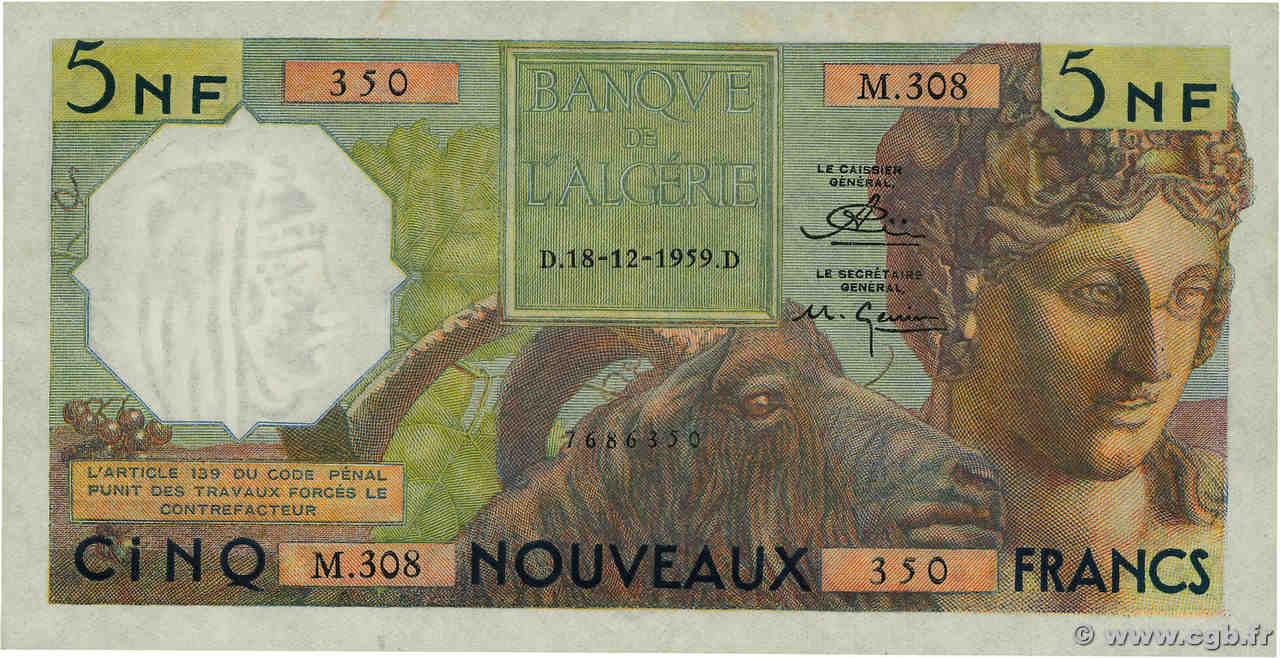 5 Nouveaux Francs ALGERIA  1959 P.118a XF