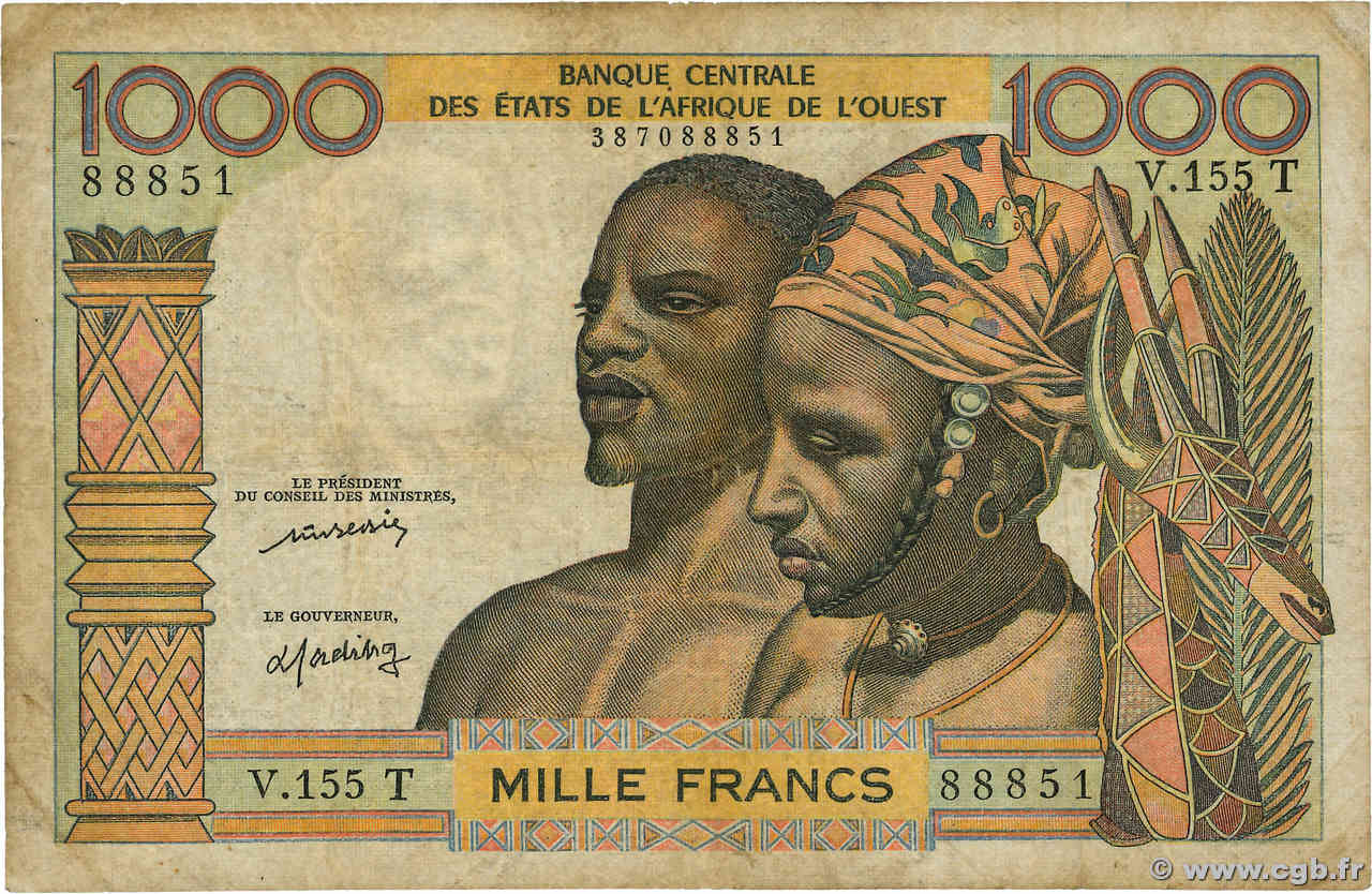 1000 Francs STATI AMERICANI AFRICANI  1977 P.803Tn q.MB