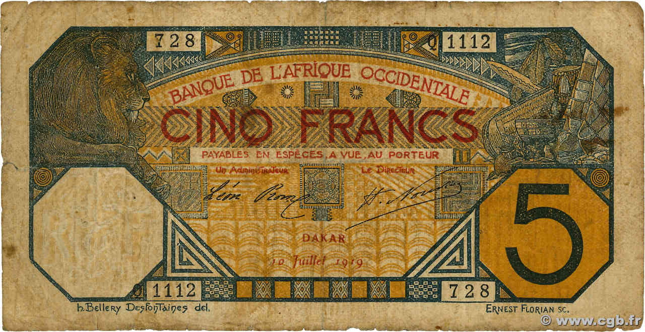 5 Francs DAKAR AFRIQUE OCCIDENTALE FRANÇAISE (1895-1958) Dakar 1919 P.05Ba pr.B