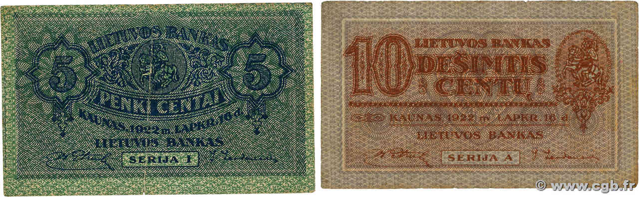 5 et 10 Centai LITAUEN  1922 P.09a et P.10a fSS